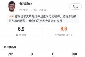 佩德里全场数据：0助0关键传球，传球成功率85.3%，获评6.9分