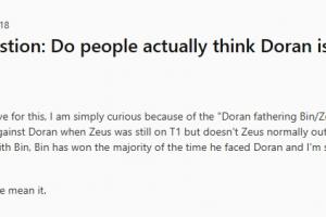 外网讨论“Doran真比Bin强？”：Doran不是Zeus的爹吗？抗压方面是最强的